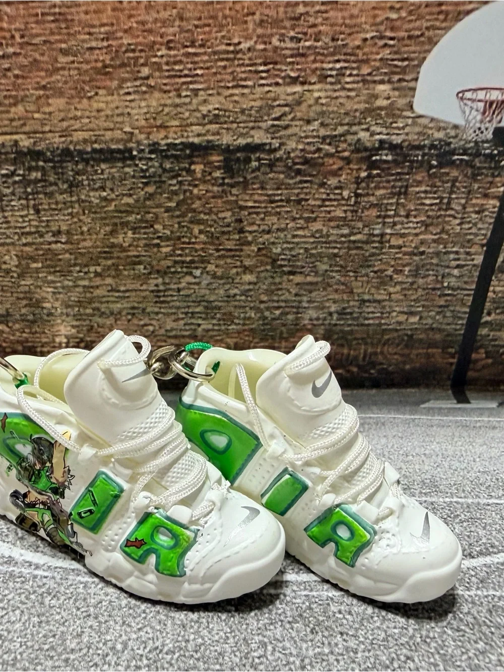 Nike Air Uptempo White Sneakers with Green & Yellow Accents Keychain Collectible